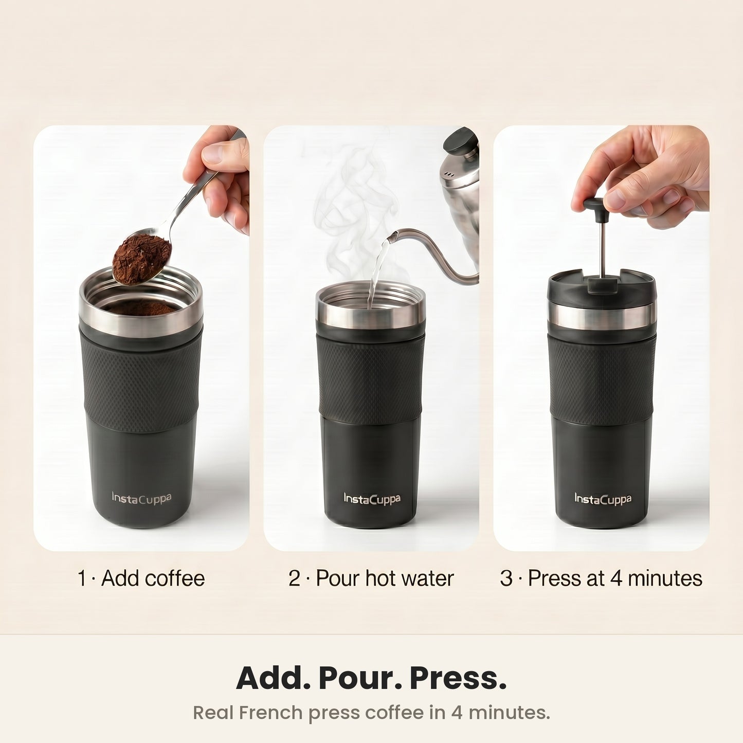 How to use the InstaCuppa French Press Travel Mug in three steps, add coffee, pour hot water, then press