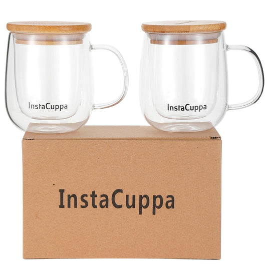 InstaCuppa Double Wall Glass Coffee Mug with Handle - set of two mugs with bamboo lids on gift box – Pack of 2