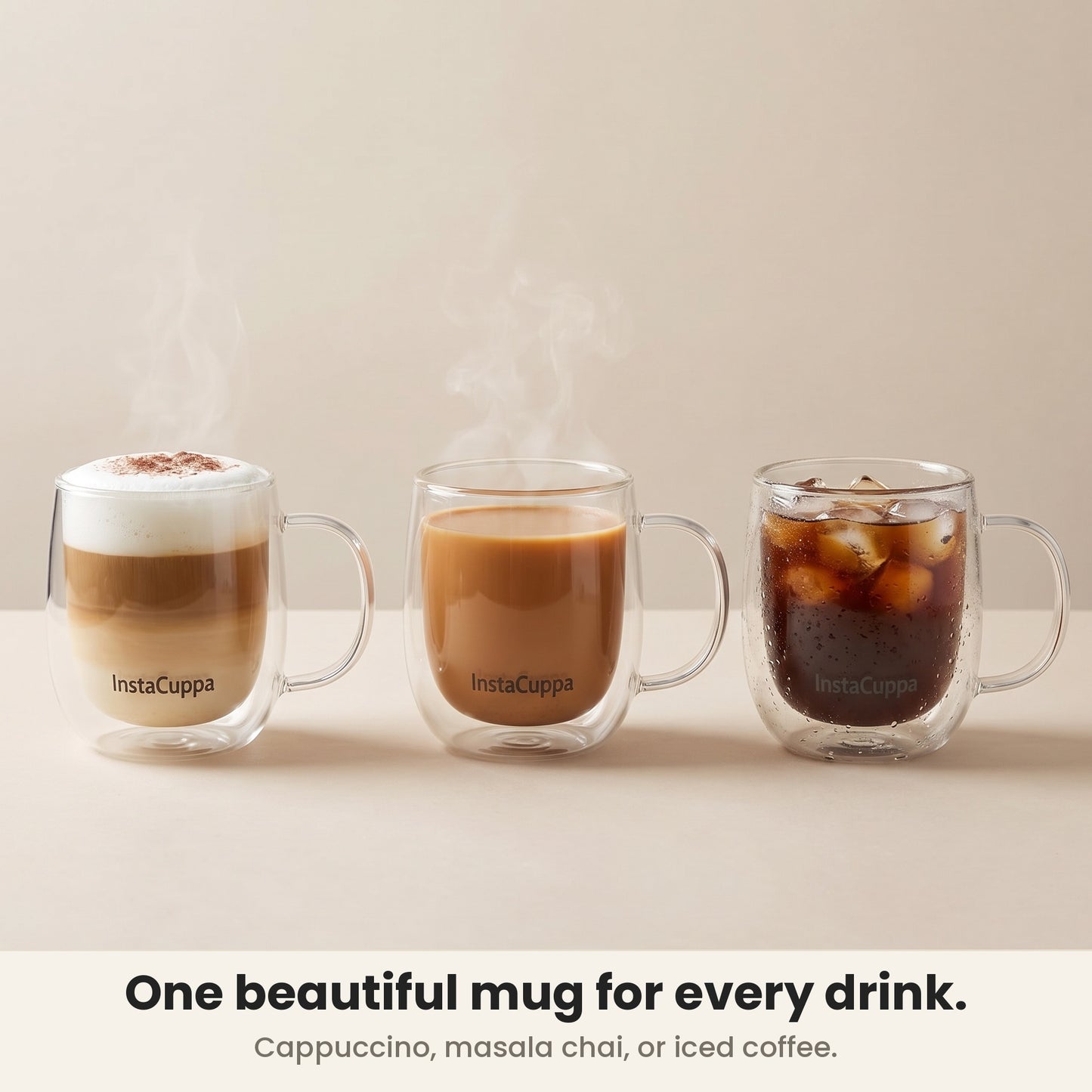 InstaCuppa Double Wall Glass Coffee Mug with Handle - beautiful for cappuccino, masala chai and iced coffee – Pack of 1