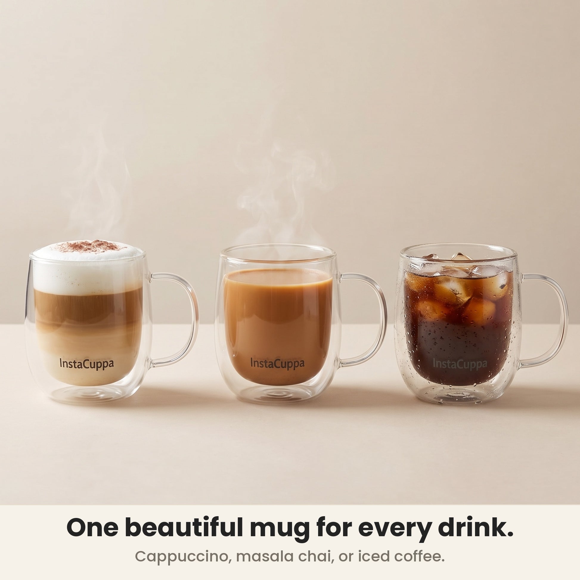 InstaCuppa Double Wall Glass Coffee Mug with Handle - beautiful for cappuccino, masala chai and iced coffee – Pack of 1