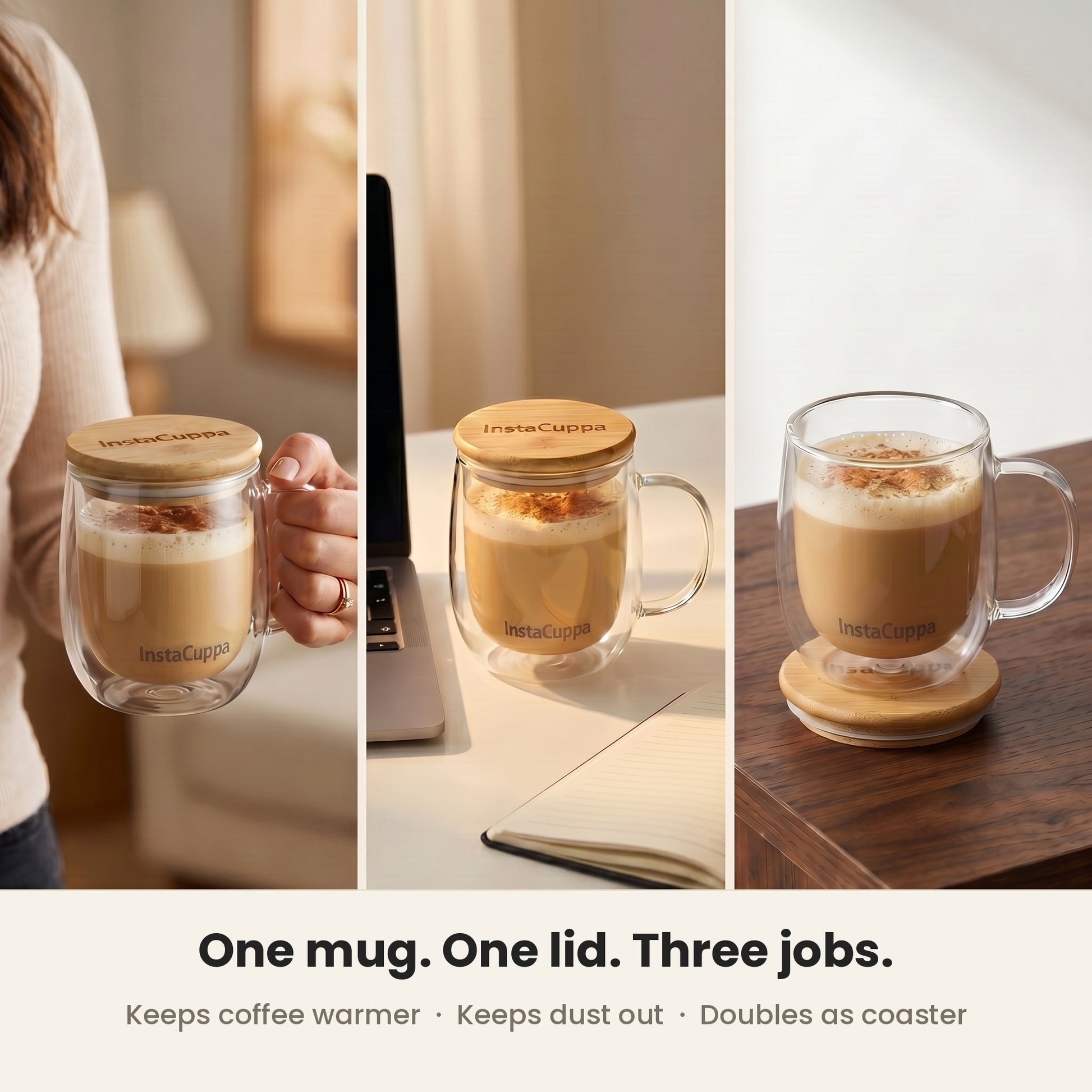 InstaCuppa Double Wall Glass Coffee Mug with Handle - bamboo lid keeps it warmer, blocks dust, flips to a coaster – Pack of 1