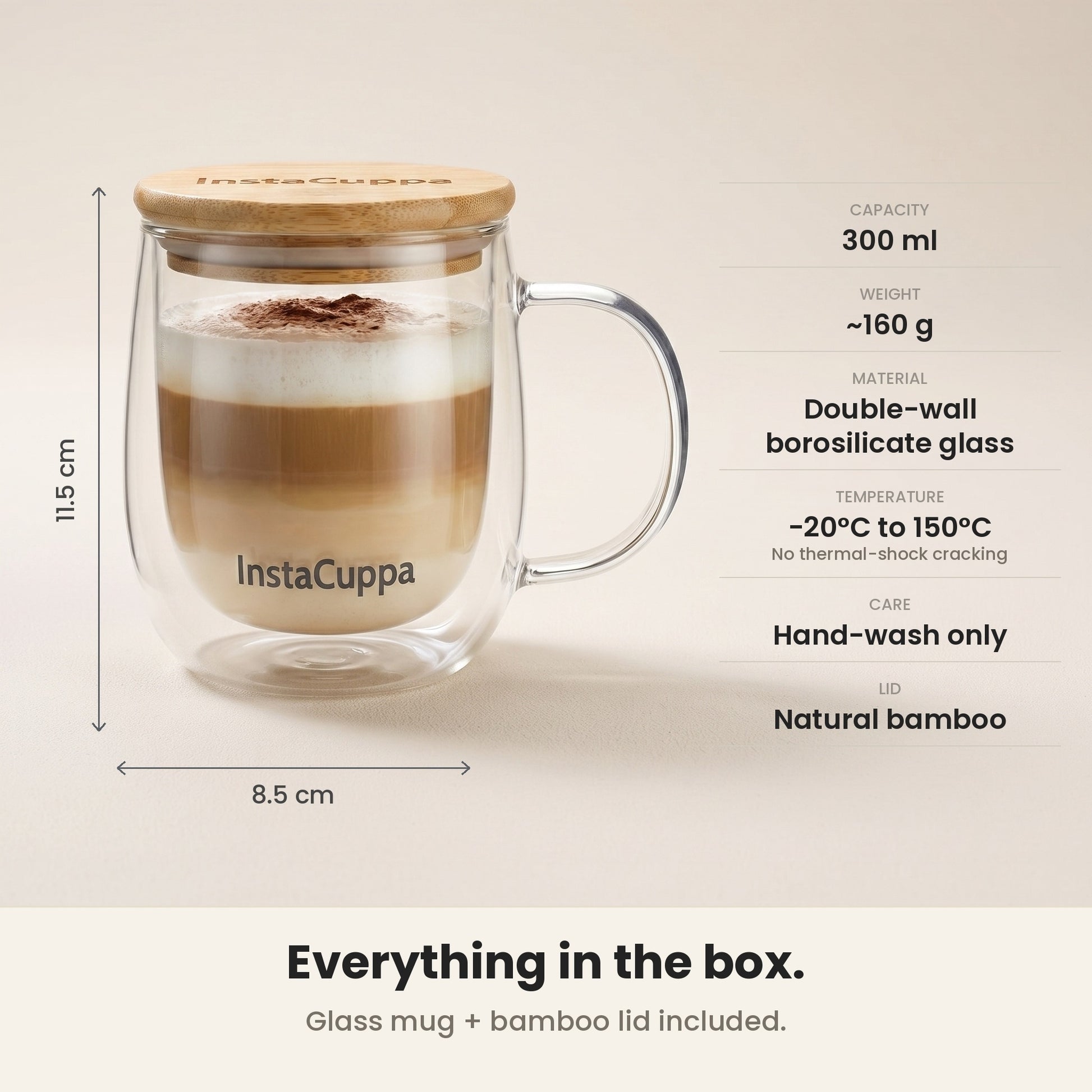 InstaCuppa Double Wall Glass Coffee Mug with Handle - 300 ml, double-wall borosilicate glass, bamboo lid – Pack of 1