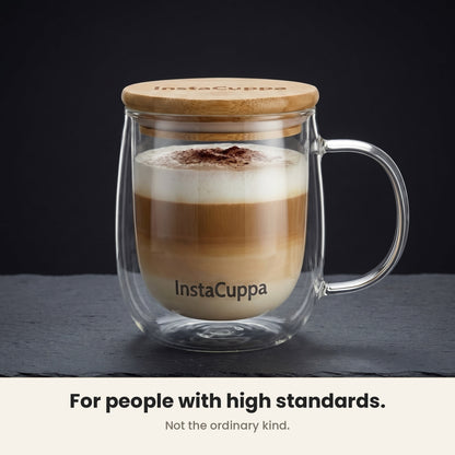 InstaCuppa Double Wall Glass Coffee Mug with Handle - layered latte floating in clear borosilicate glass – Pack of 2