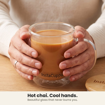 InstaCuppa Double Wall Glass Coffee Mug with Handle - hot chai, cool to hold, no sleeve needed – Pack of 2