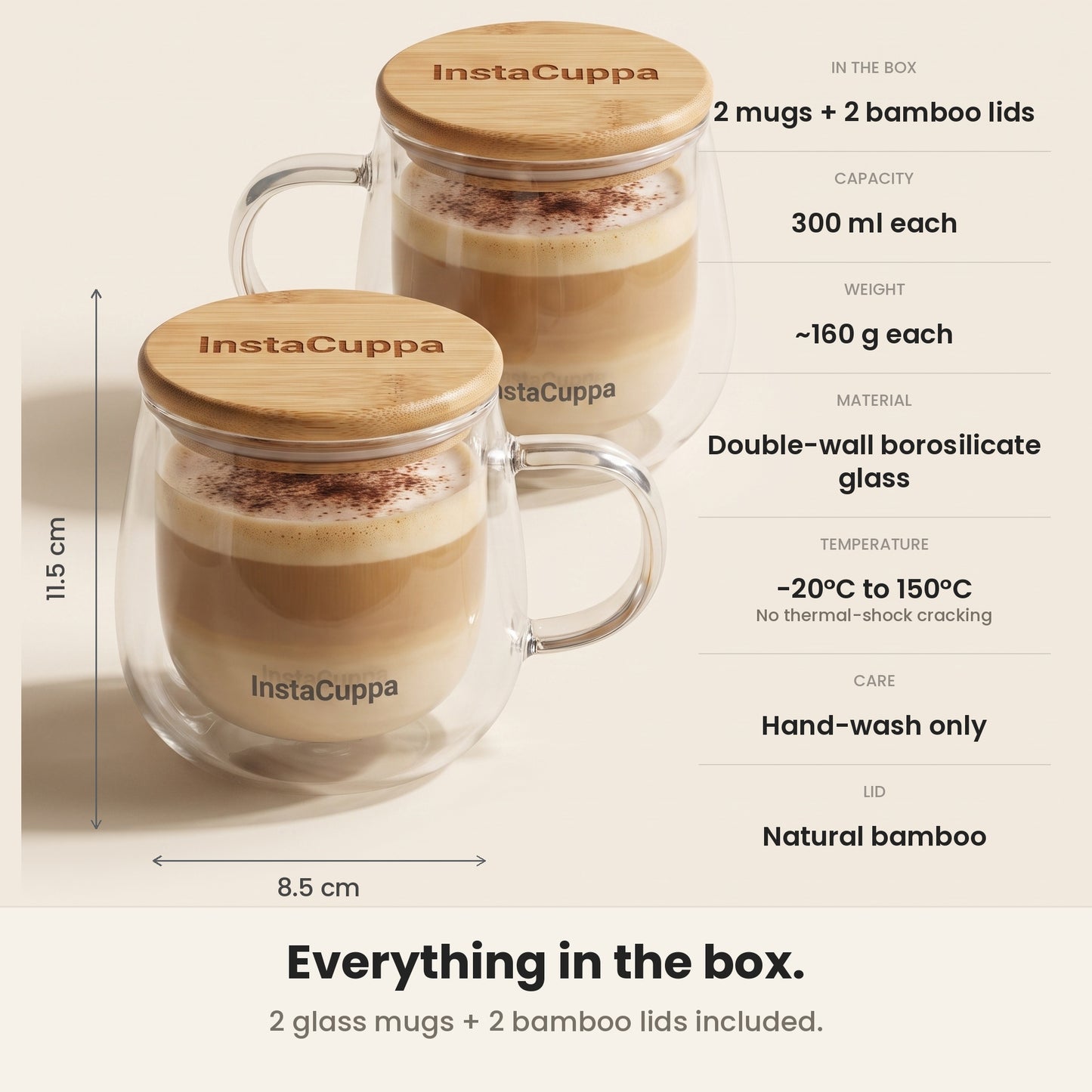 InstaCuppa Double Wall Glass Coffee Mug with Handle - two 300 ml mugs with two bamboo lids – Pack of 2