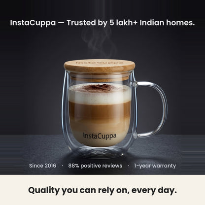 InstaCuppa Double Wall Glass Coffee Mug with Handle - trusted by 5 lakh+ Indian homes since 2016, 1-year warranty – Pack of 2