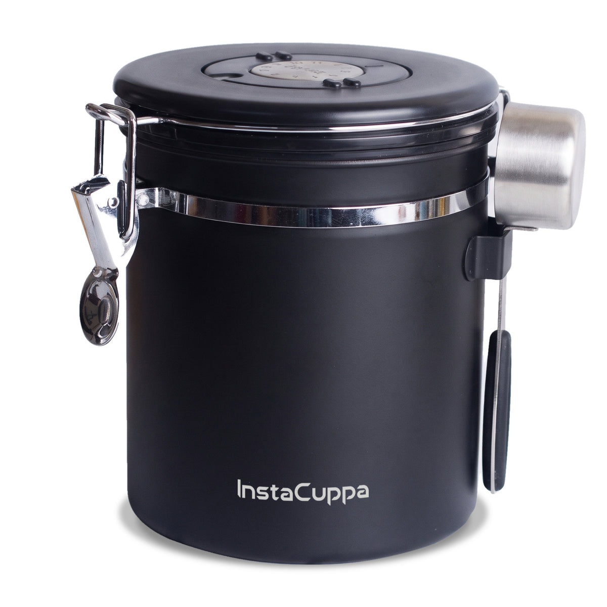 Airtight coffee container - Black - stainless steel coffee canister 500 g with glossy black lid, month and day date wheel, chrome clamp and steel scoop