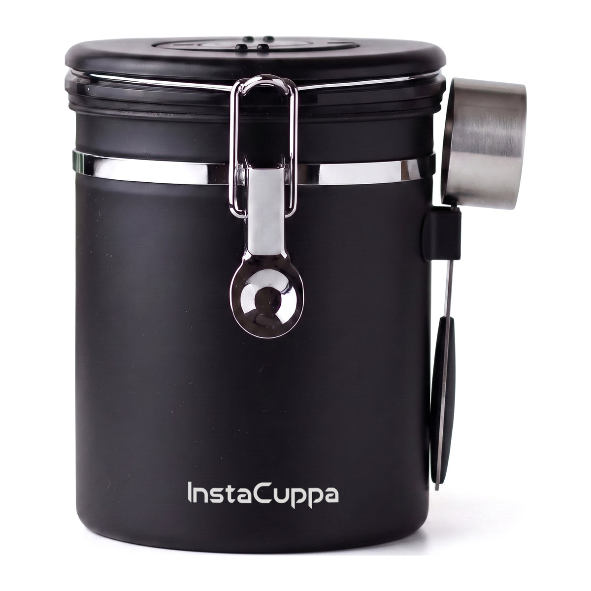 InstaCuppa Airtight Coffee Container 500g - Black - hero on white with vented lid and clip-on measuring scoop
