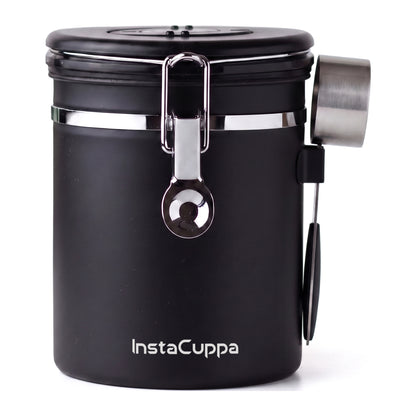 InstaCuppa Airtight Coffee Container 500g - Black - hero on white with vented lid and clip-on measuring scoop