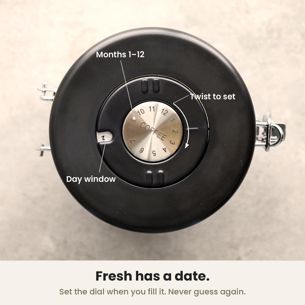 InstaCuppa Airtight Coffee Container 500g - Black - date dial close-up, months 1 to 12 with day window
