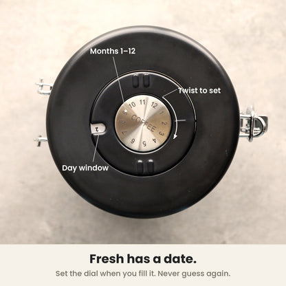 InstaCuppa Airtight Coffee Container 500g - Black - date dial close-up, months 1 to 12 with day window