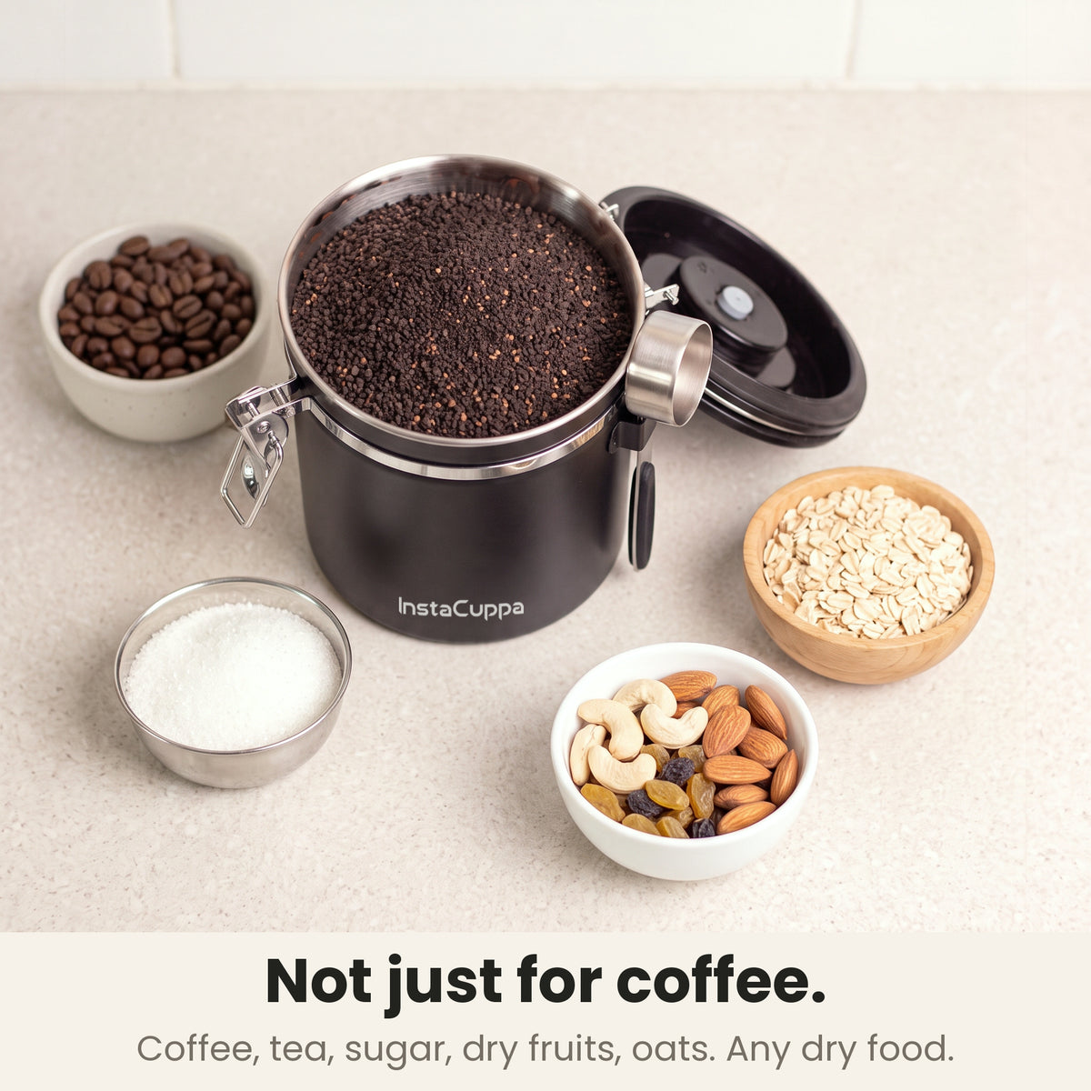 Airtight coffee container - Black - coffee powder storage container that also holds tea powder, sugar, dry fruits and oats