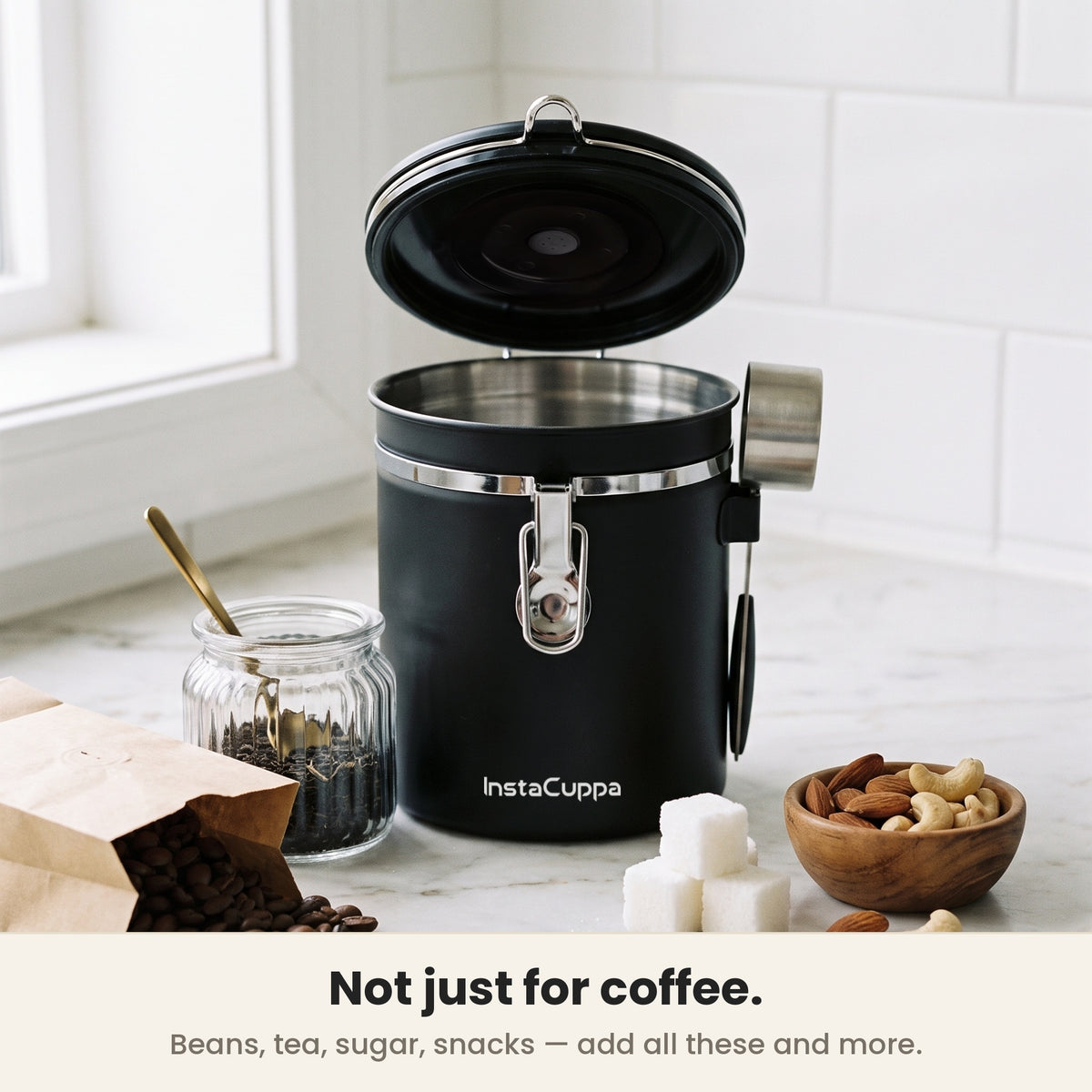 InstaCuppa Airtight Coffee Container 500g - Black - also stores tea, sugar and snacks without holding smells