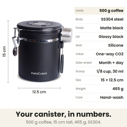 Airtight coffee container - Black - specs: holds 500 g coffee, SS304 stainless steel, glossy black lid, silicone seal, 15 x 12.5 cm, 465 g, hand-wash