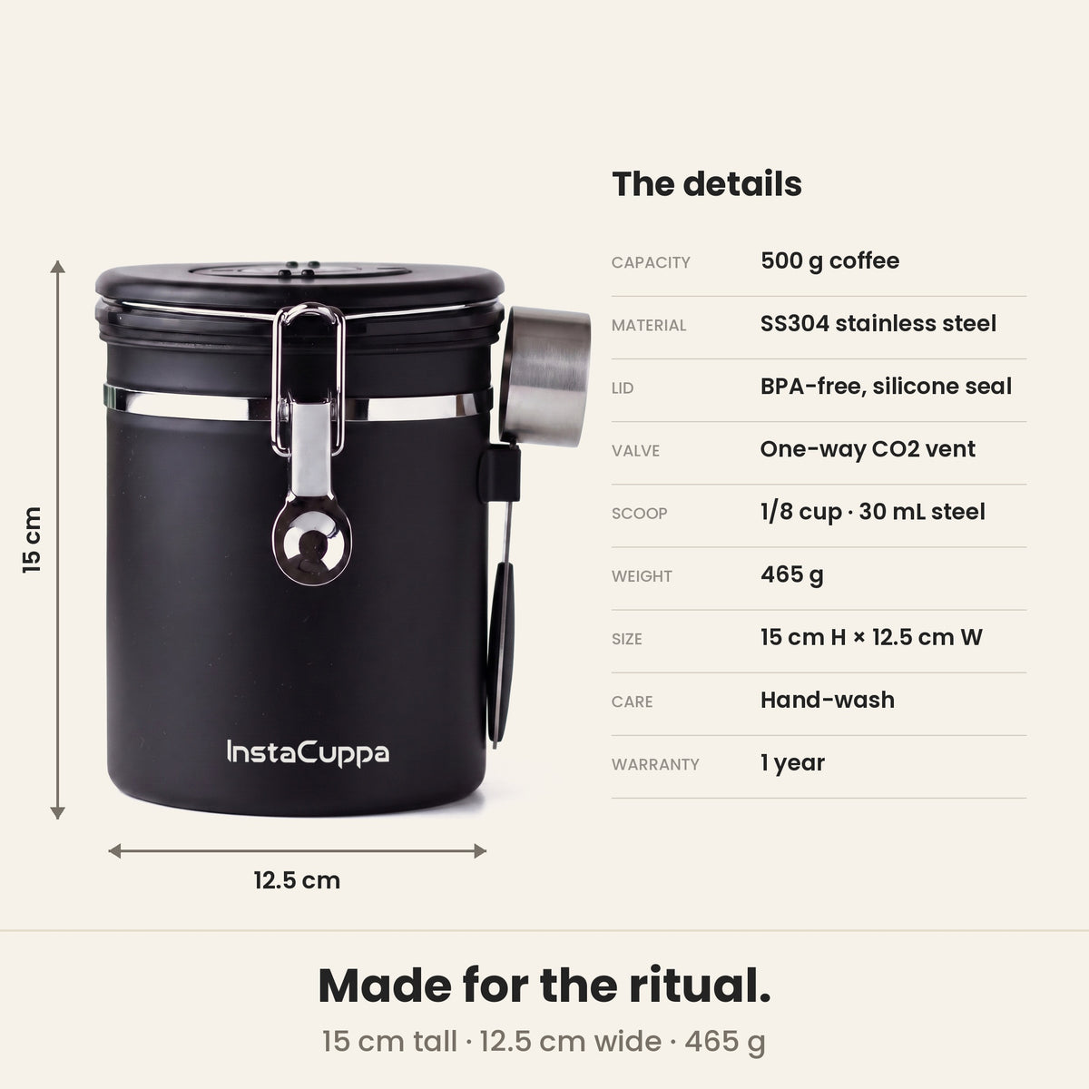 InstaCuppa Airtight Coffee Container 500g - Black - size and spec chart, 15 cm tall, 12.5 cm base, 500 g capacity