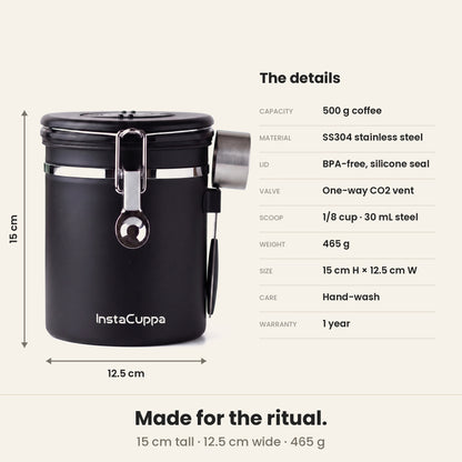InstaCuppa Airtight Coffee Container 500g - Black - size and spec chart, 15 cm tall, 12.5 cm base, 500 g capacity