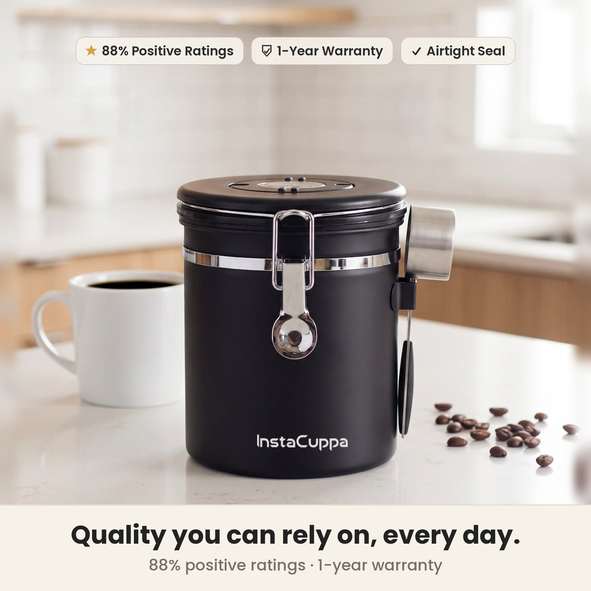 InstaCuppa Airtight Coffee Container 500g - Black - bright kitchen shelf with build and warranty highlights