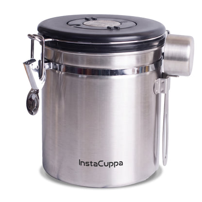 Airtight coffee container - Steel - stainless steel coffee canister 500 g with glossy black lid, month and day date wheel, chrome clamp and steel scoop