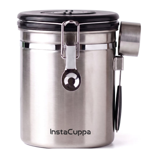 InstaCuppa Airtight Coffee Container 500g - Steel - hero on white with vented lid and clip-on measuring scoop