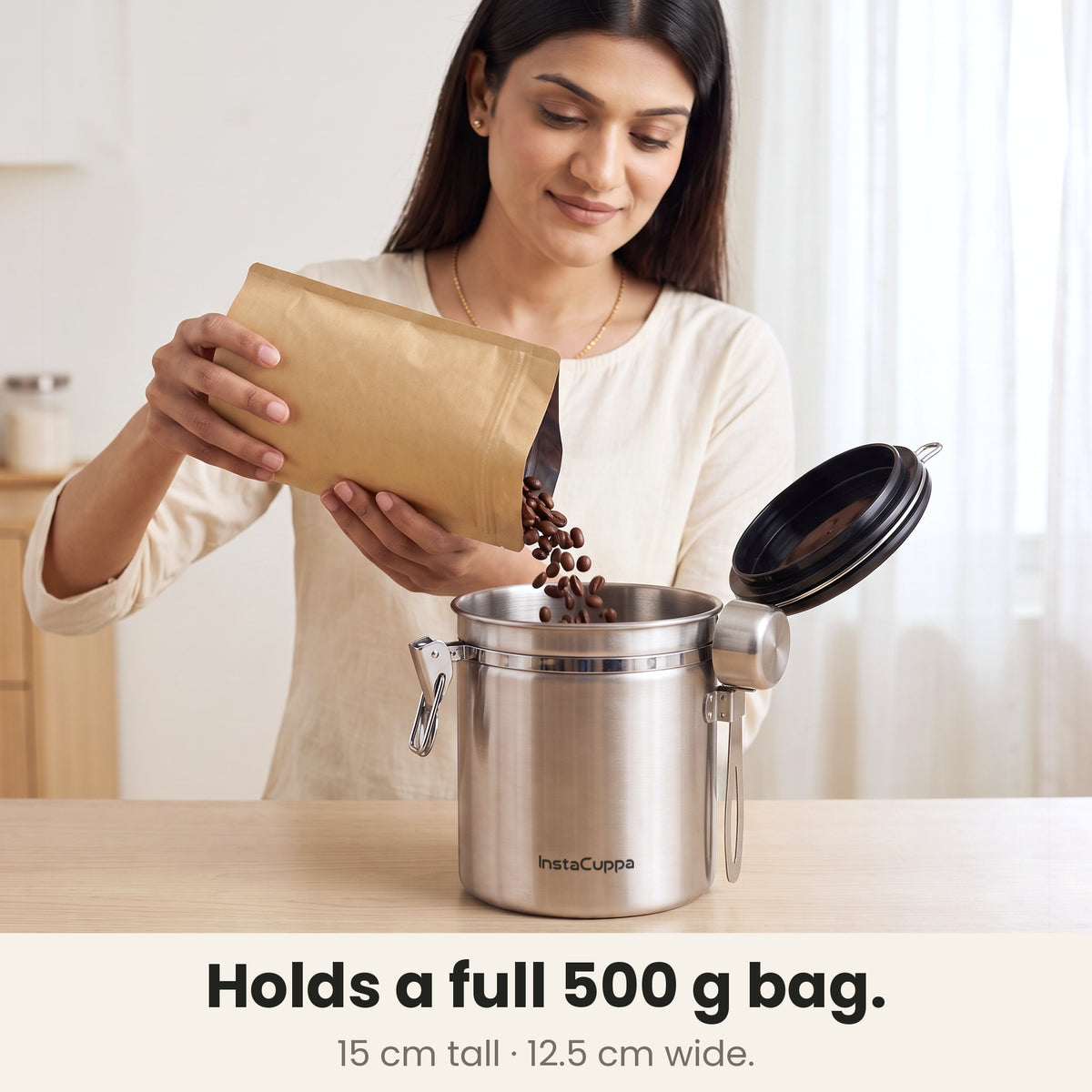 Airtight coffee container - Steel - holds a full 500 g bag of coffee beans or coffee powder, 15 cm tall and 12.5 cm wide