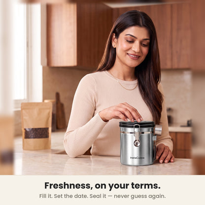 InstaCuppa Airtight Coffee Container 500g - Steel - setting the freshness date dial after refilling