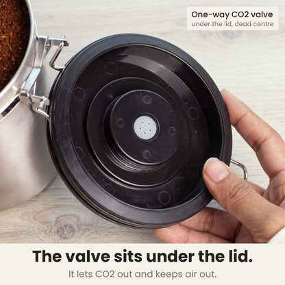 Airtight coffee container - Steel - lid underside with the built-in one-way CO2 valve in the centre, lets CO2 out and keeps air out