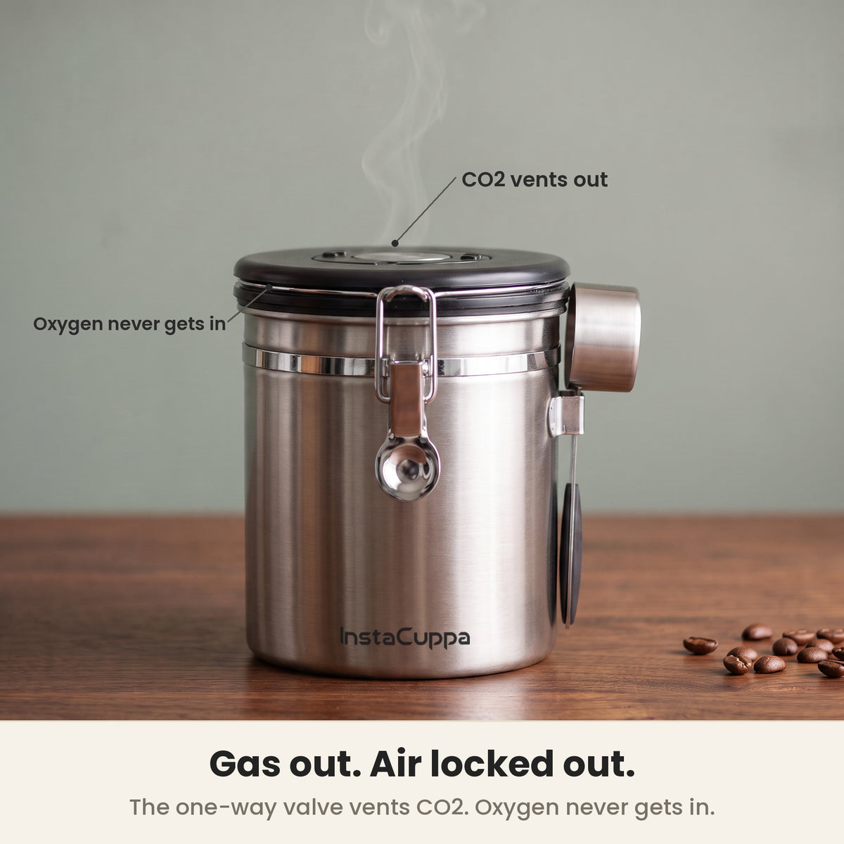 InstaCuppa Airtight Coffee Container 500g - Steel - lid underside one-way gas vent and silicone seal