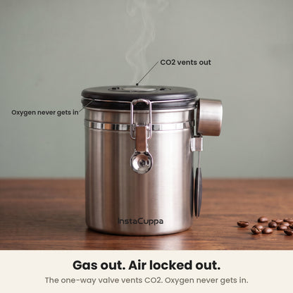 InstaCuppa Airtight Coffee Container 500g - Steel - lid underside one-way gas vent and silicone seal