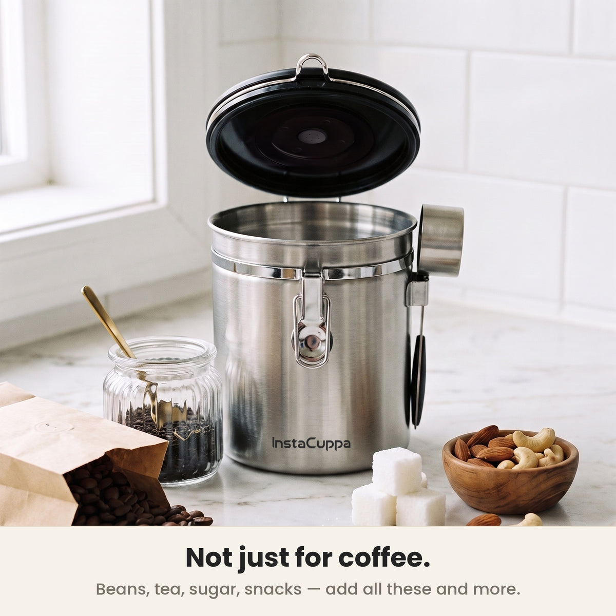 InstaCuppa Airtight Coffee Container 500g - Steel - also stores tea, sugar and snacks without holding smells