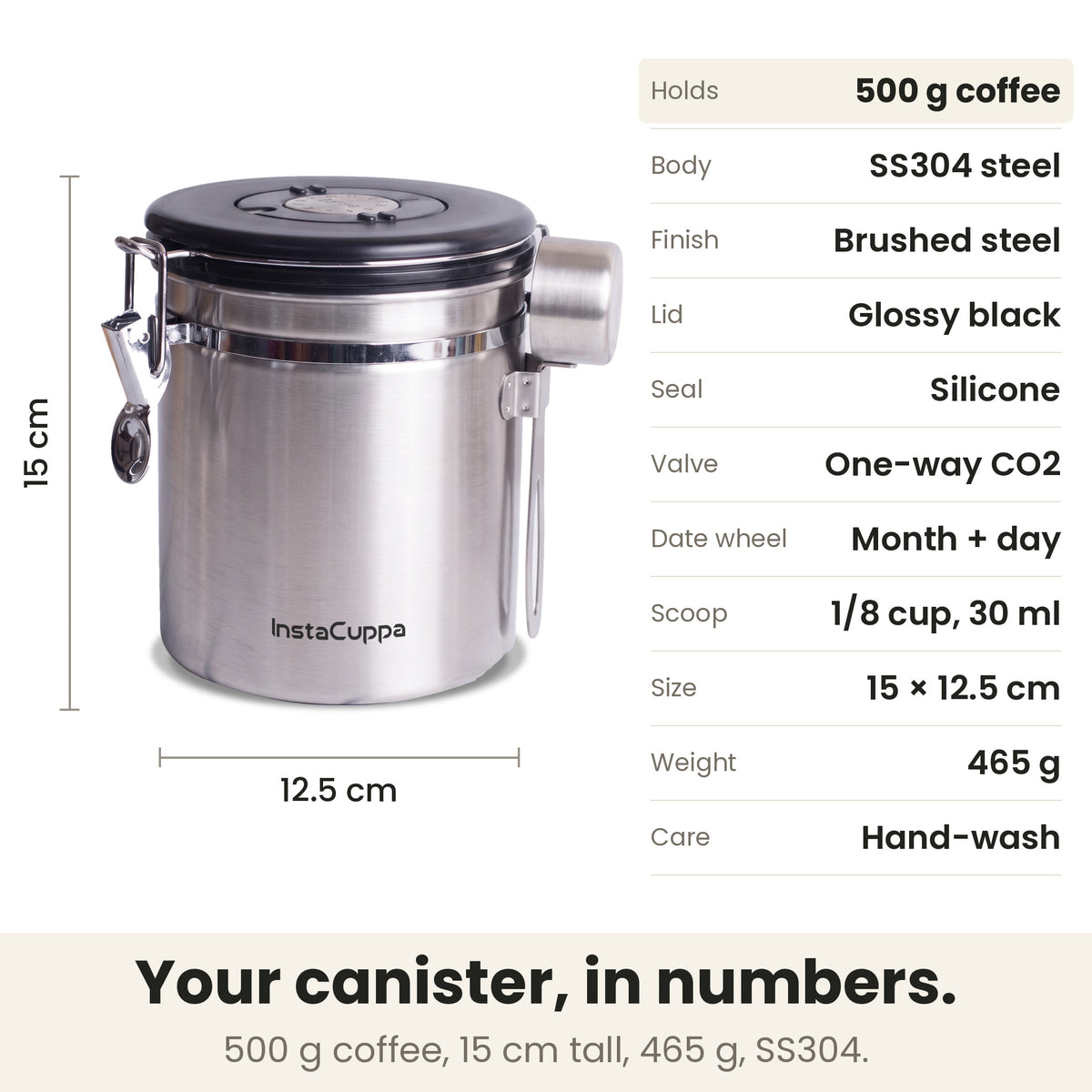 Airtight coffee container - Steel - specs: holds 500 g coffee, SS304 stainless steel, glossy black lid, silicone seal, 15 x 12.5 cm, 465 g, hand-wash
