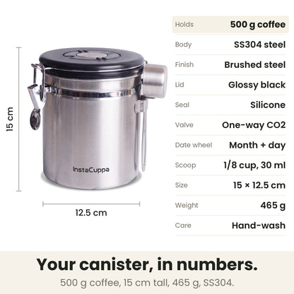 Airtight coffee container - Steel - specs: holds 500 g coffee, SS304 stainless steel, glossy black lid, silicone seal, 15 x 12.5 cm, 465 g, hand-wash