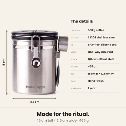 InstaCuppa Airtight Coffee Container 500g - Steel - size and spec chart, 15 cm tall, 12.5 cm base, 500 g capacity