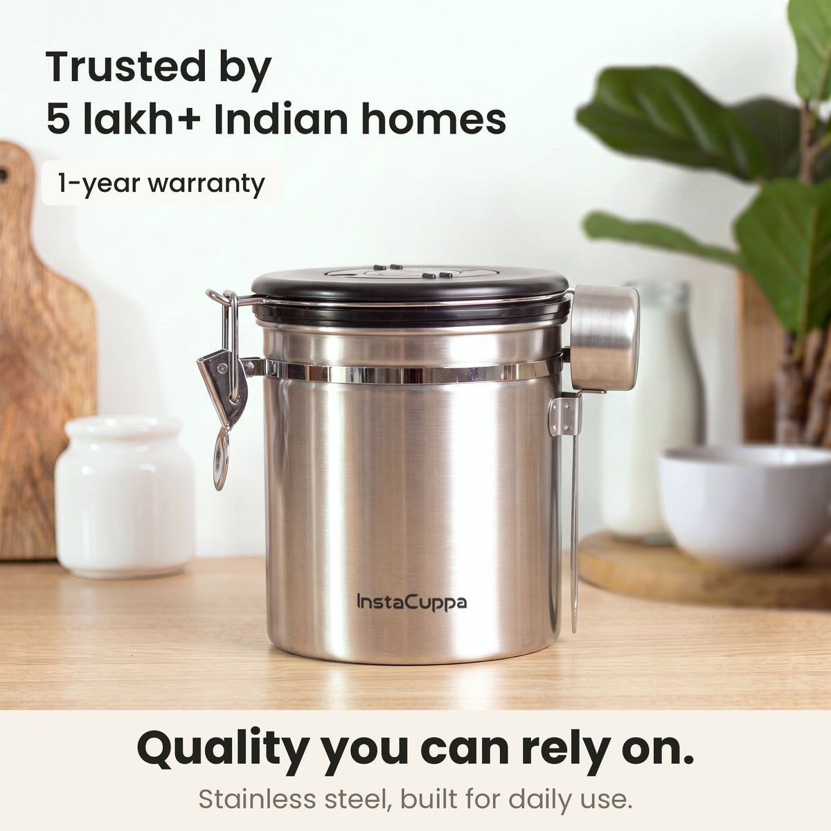 Airtight coffee container - Steel - stainless steel coffee canister on a kitchen counter, trusted by 5 lakh+ Indian homes