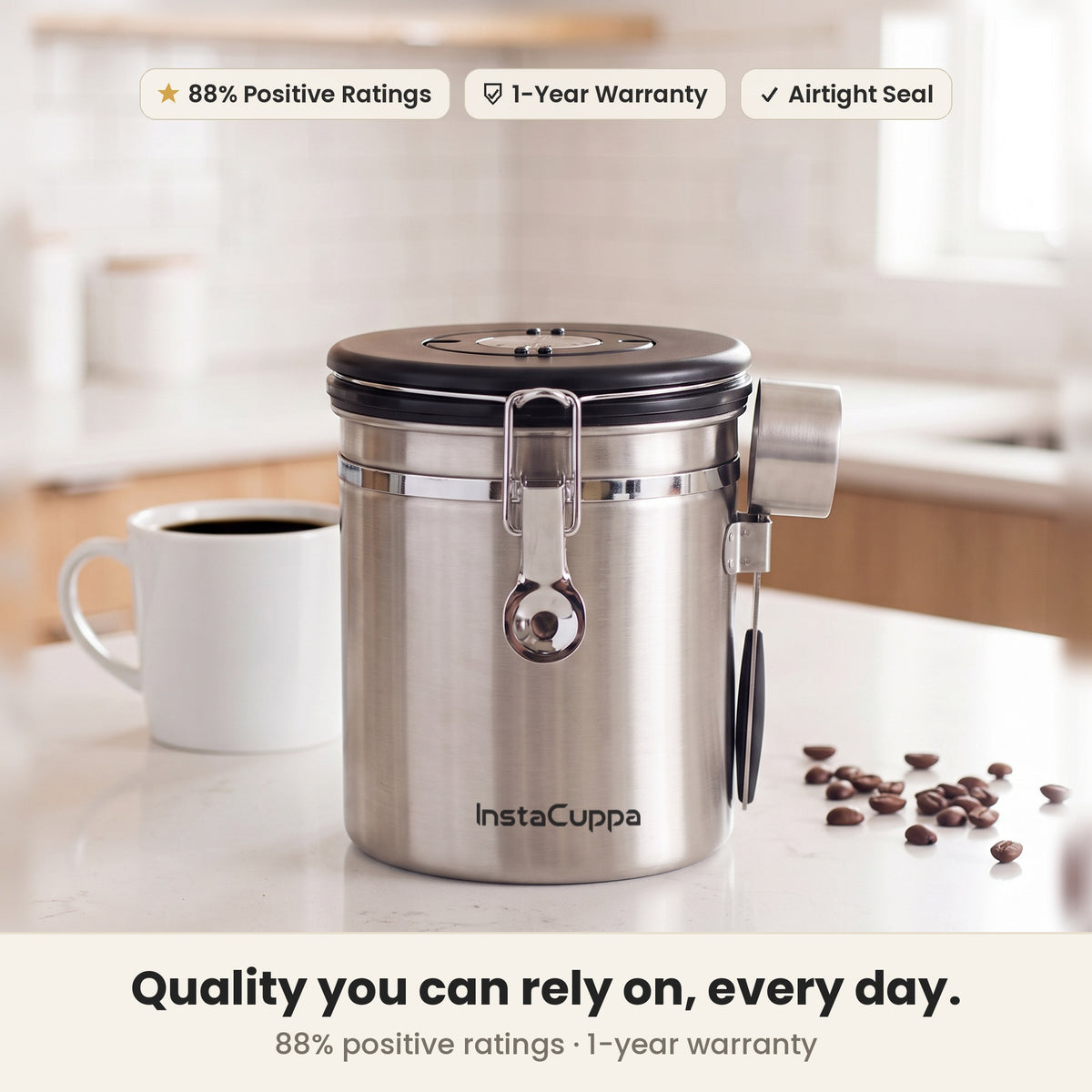 InstaCuppa Airtight Coffee Container 500g - Steel - bright kitchen shelf with build and warranty highlights