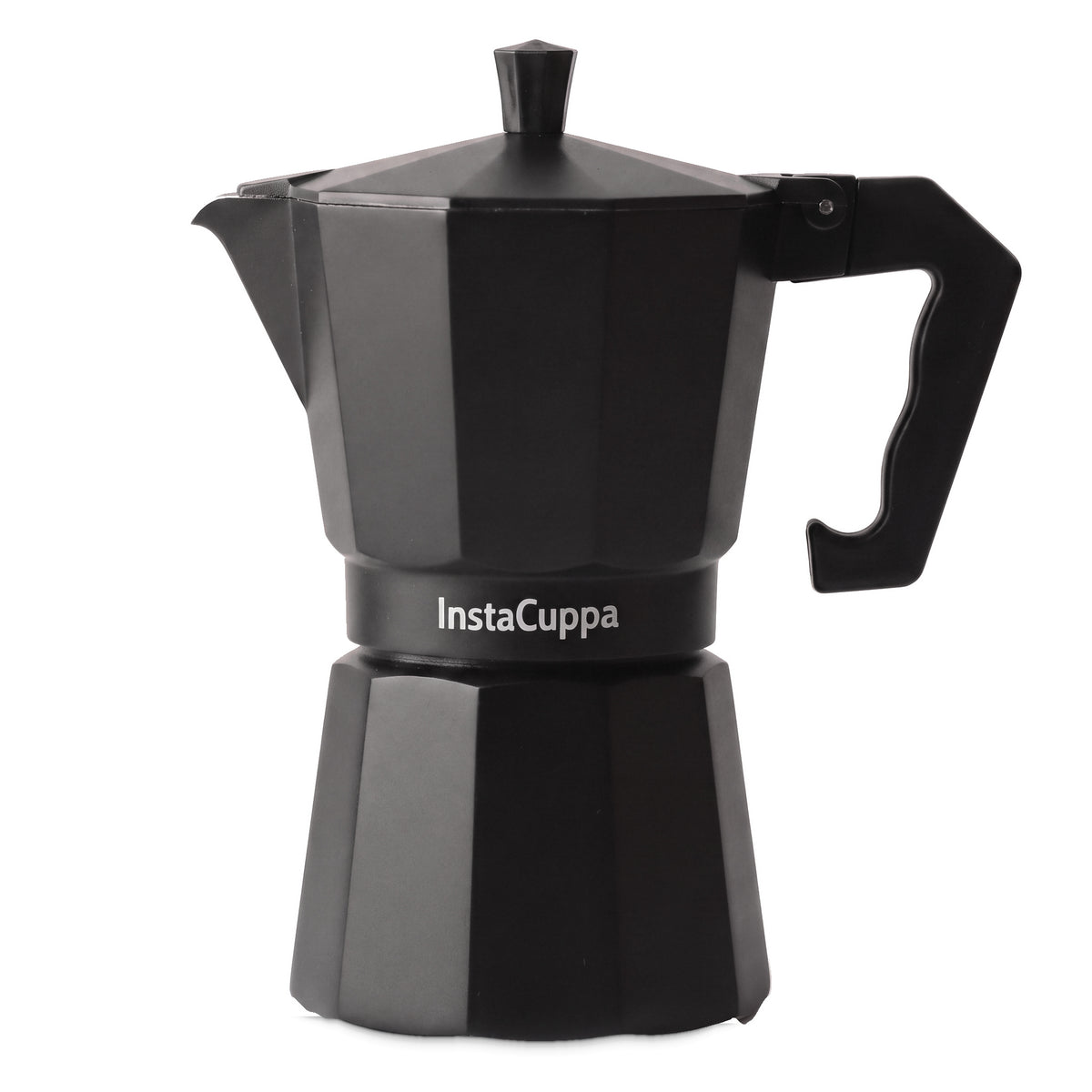 InstaCuppa Aluminium Moka Pot 300 ml - Black - aluminium moka pot in matte black, 300 ml, front view on a white background