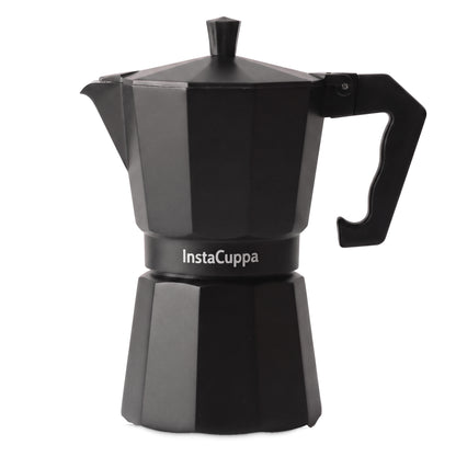 InstaCuppa Aluminium Moka Pot 300 ml - Black - aluminium moka pot in matte black, 300 ml, front view on a white background