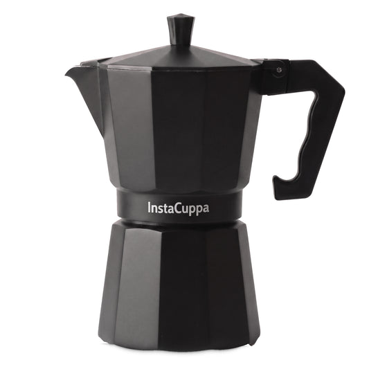 InstaCuppa Aluminium Moka Pot 300 ml - Black - aluminium moka pot in matte black, 300 ml, front view on a white background #color-black