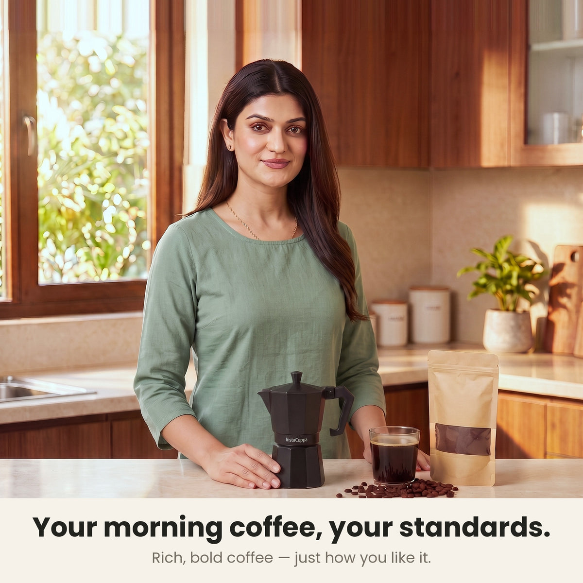 InstaCuppa Aluminium Moka Pot 300 ml - Black - your morning coffee, your standards: a woman in her kitchen with the moka pot and a glass of rich, bold coffee