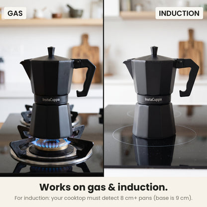 InstaCuppa Aluminium Moka Pot 300 ml - Black - works on gas and induction: on a gas flame, and on an induction cooktop that must detect 8 cm+ pans (the base is 9 cm)