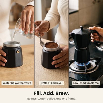 InstaCuppa Aluminium Moka Pot 300 ml - Black - fill, add, brew: water below the valve, coffee filled level, a low-medium flame