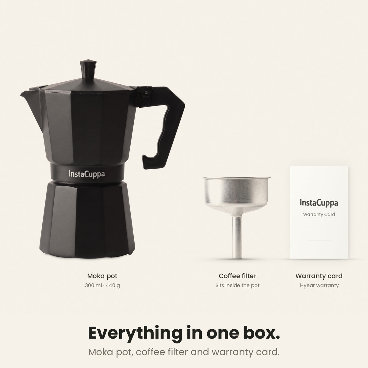 InstaCuppa Aluminium Moka Pot 300 ml - Black - everything in one box: the moka pot, the coffee filter that sits inside it, and a warranty card