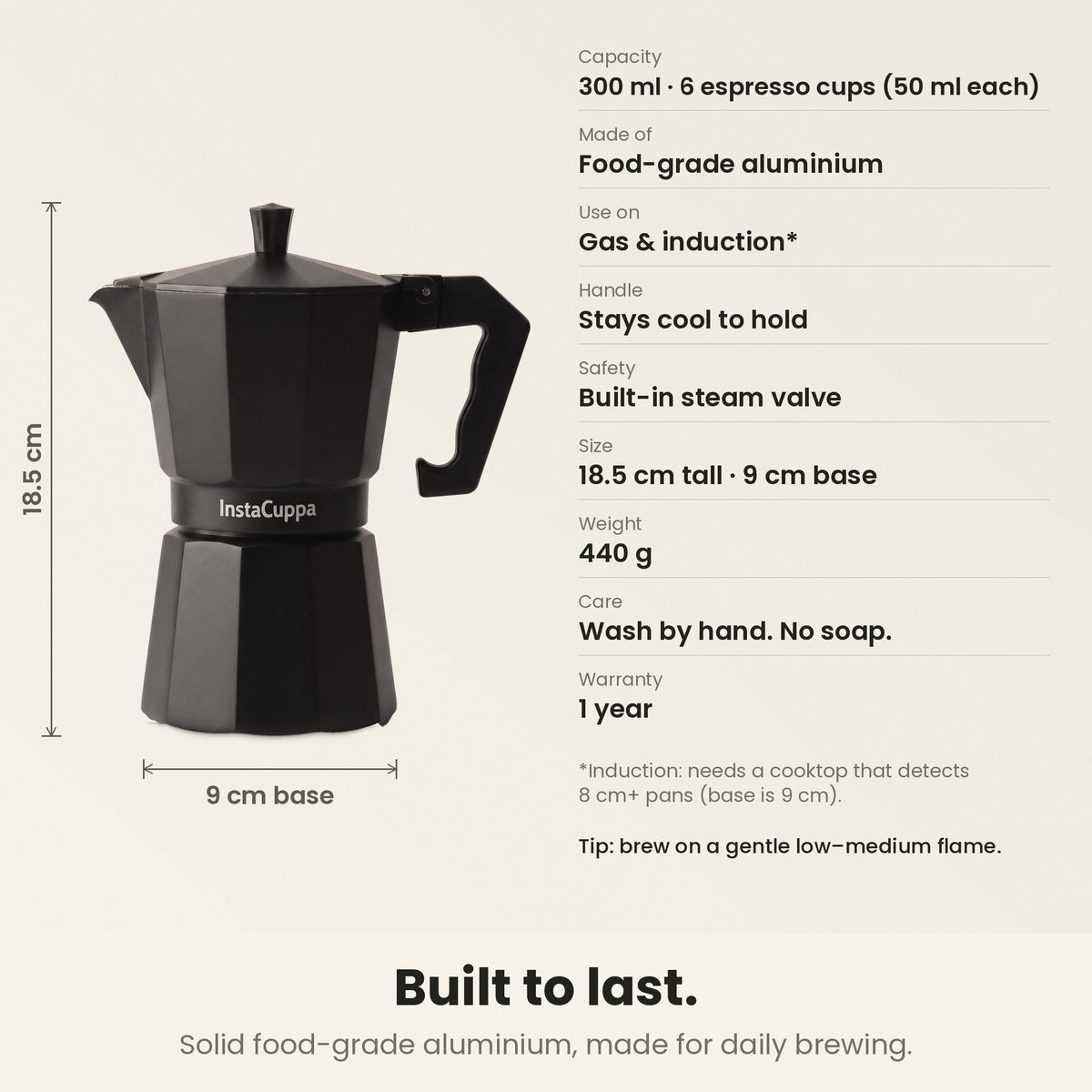 InstaCuppa Aluminium Moka Pot 300 ml - Black - built to last: 300 ml makes 6 moka cups of 50 ml each, food-grade aluminium, stays cool to hold, built-in steam valve, 18.5 cm tall, 9 cm base, 440 g, wash by hand with no soap, 1-year warranty; induction needs a cooktop that detects 8 cm+ pans