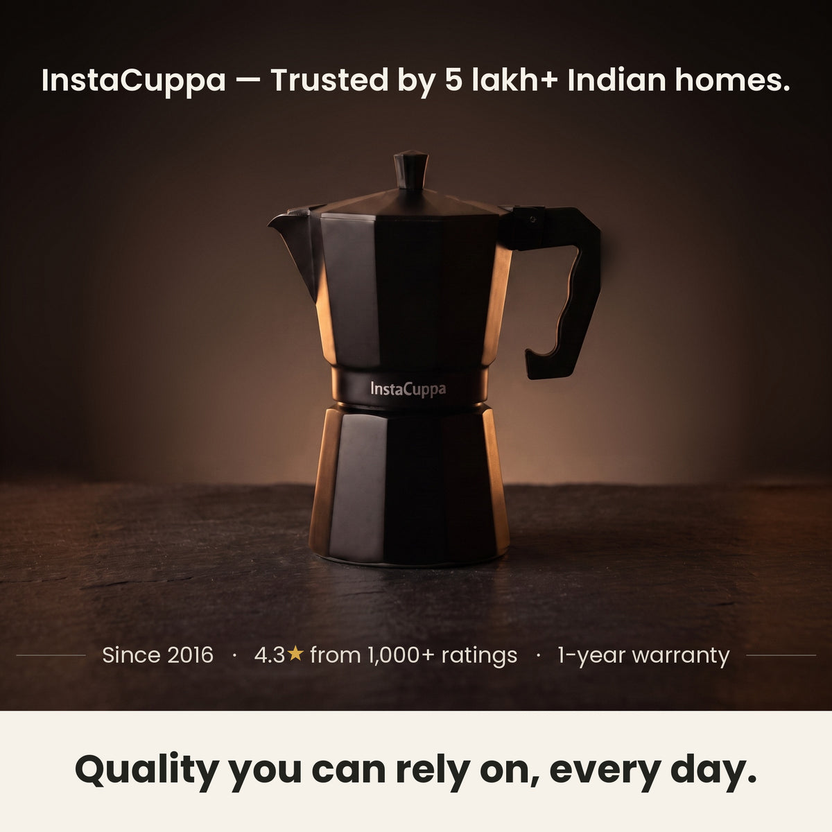 InstaCuppa Aluminium Moka Pot 300 ml - Black - trusted by 5 lakh+ Indian homes since 2016, with a 1-year warranty