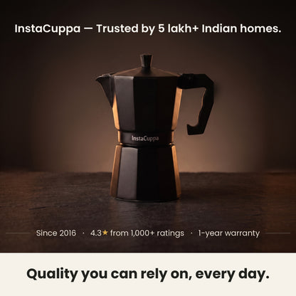 InstaCuppa Aluminium Moka Pot 300 ml - Black - trusted by 5 lakh+ Indian homes since 2016, with a 1-year warranty