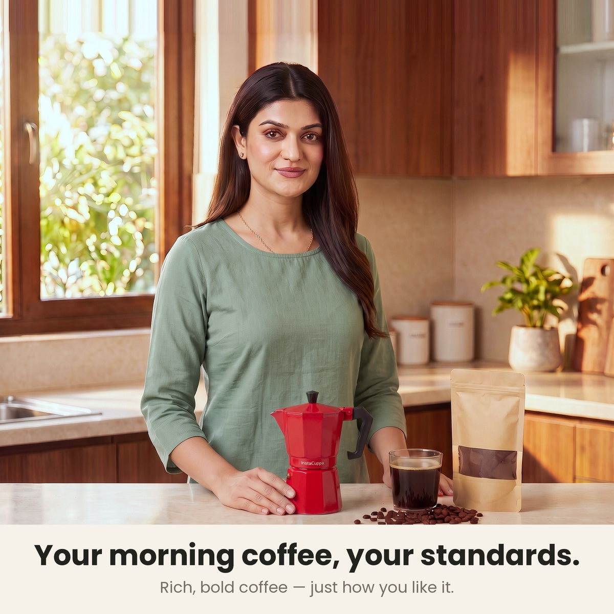 InstaCuppa Aluminium Moka Pot 300 ml - Red - your morning coffee, your standards: a woman in her kitchen with the moka pot and a glass of rich, bold coffee