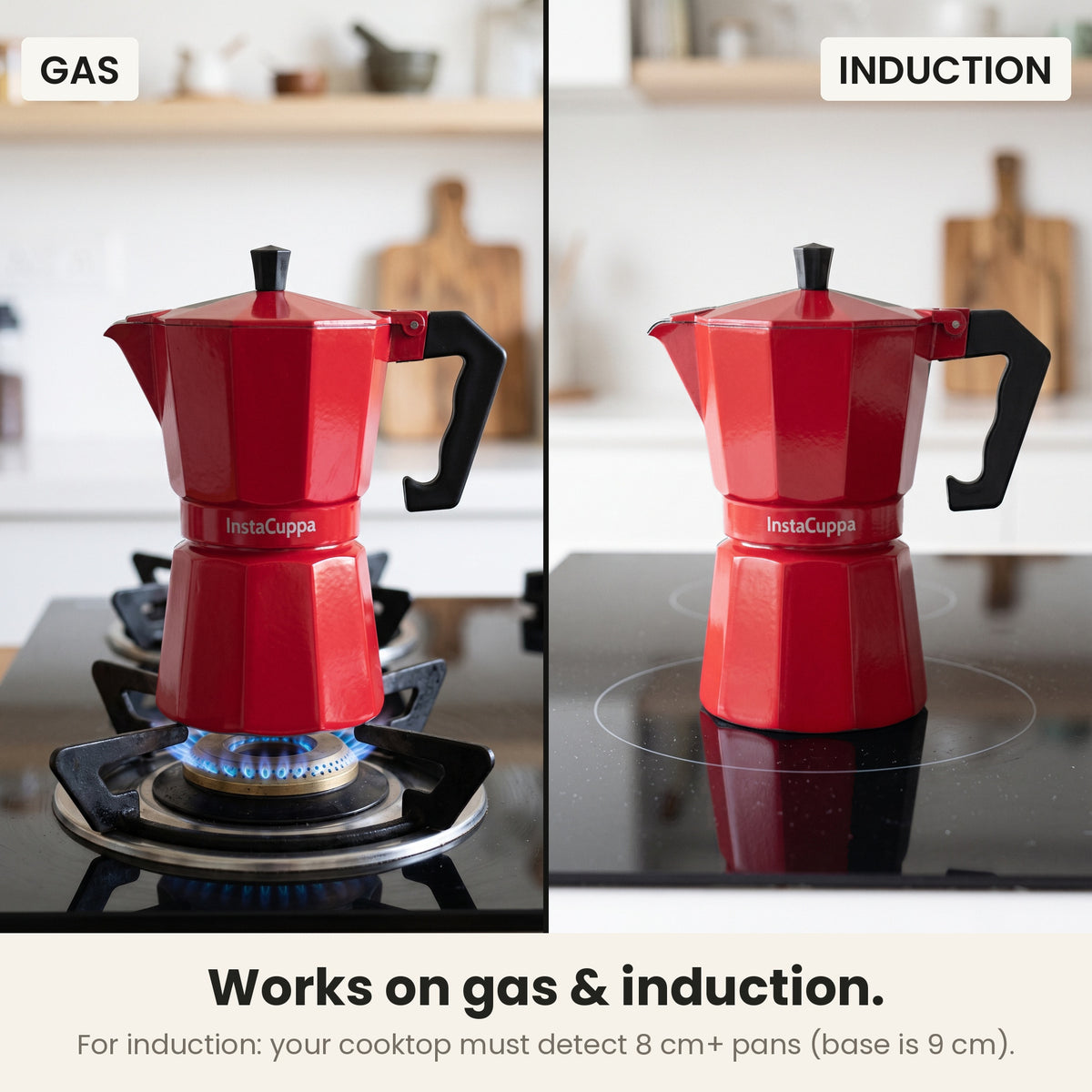 InstaCuppa Aluminium Moka Pot 300 ml - Red - works on gas and induction: on a gas flame, and on an induction cooktop that must detect 8 cm+ pans (the base is 9 cm)