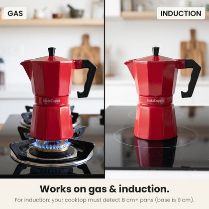 InstaCuppa Aluminium Moka Pot 300 ml - Red - works on gas and induction: on a gas flame, and on an induction cooktop that must detect 8 cm+ pans (the base is 9 cm)
