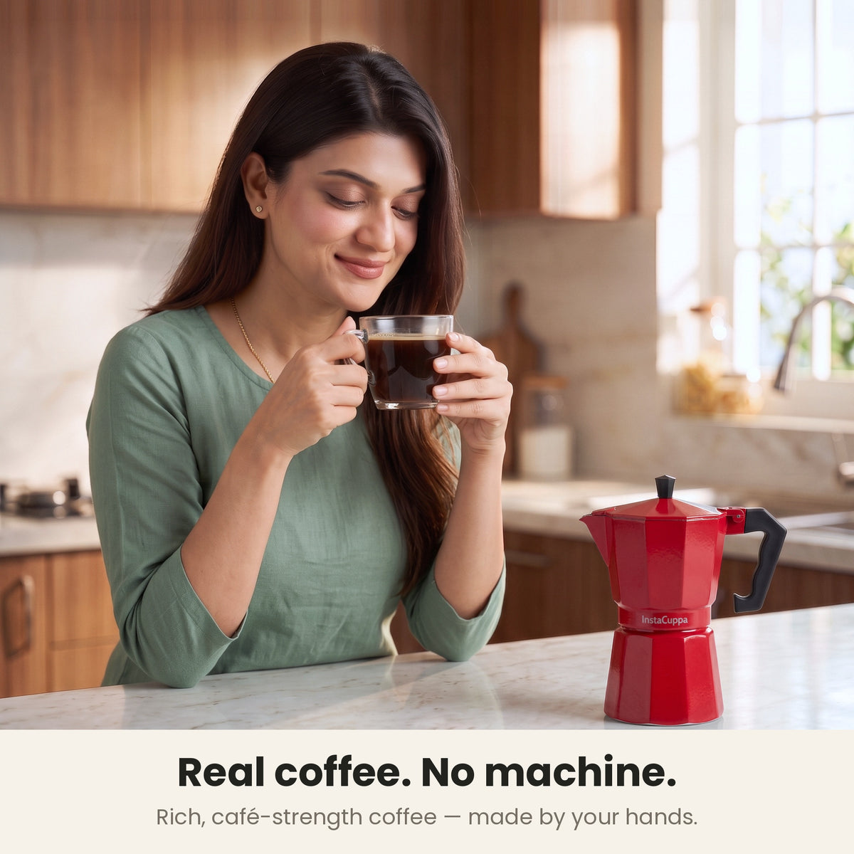 InstaCuppa Aluminium Moka Pot 300 ml - Red - real coffee, no machine: a woman sipping rich, café-strength coffee with the moka pot on the counter