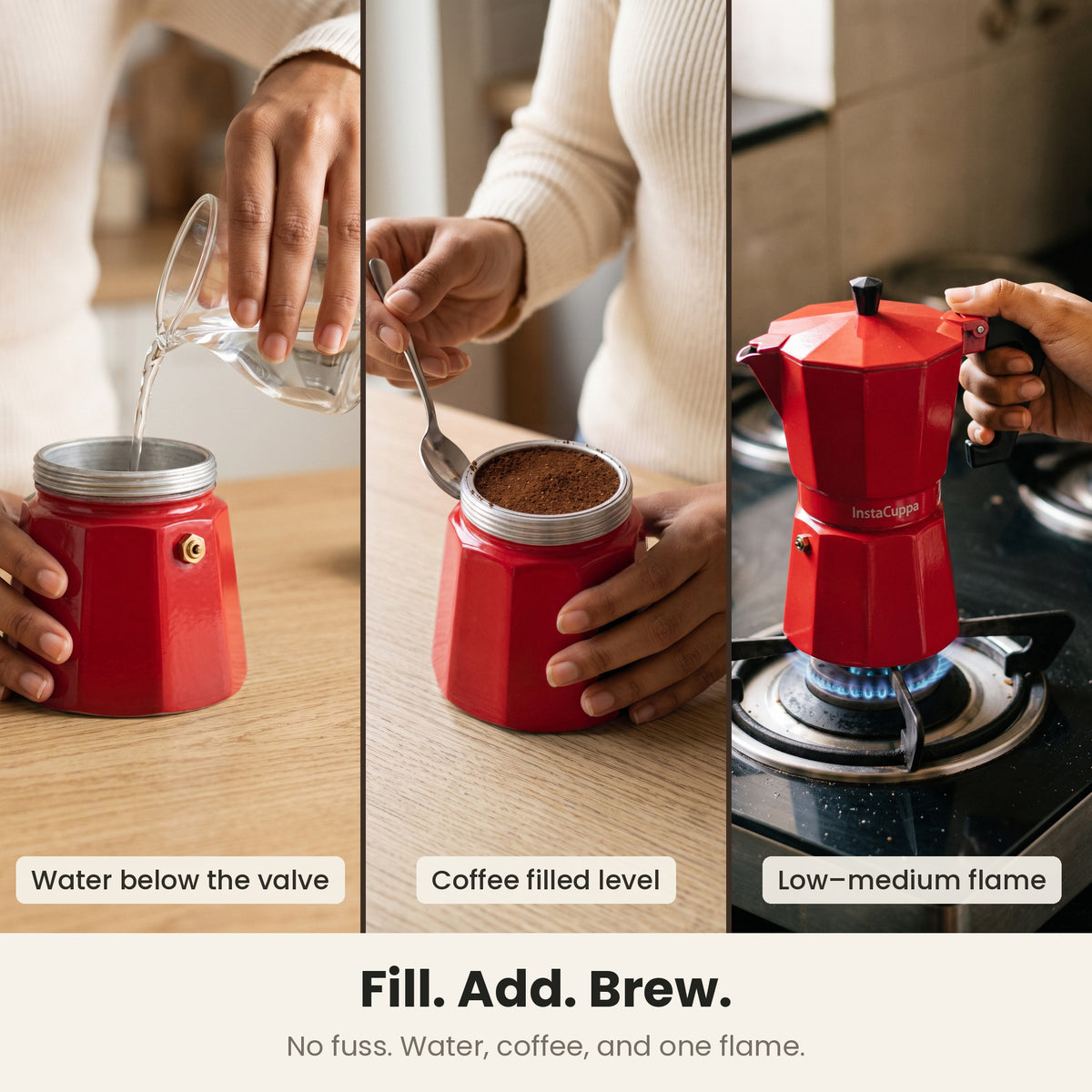 InstaCuppa Aluminium Moka Pot 300 ml - Red - fill, add, brew: water below the valve, coffee filled level, a low-medium flame