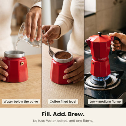 InstaCuppa Aluminium Moka Pot 300 ml - Red - fill, add, brew: water below the valve, coffee filled level, a low-medium flame
